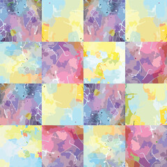Pastel checkerboard pattern with soft watercolor textures in yellow, pink, blue, and lavender. Perfect for digital designs, backgrounds, or packaging.
