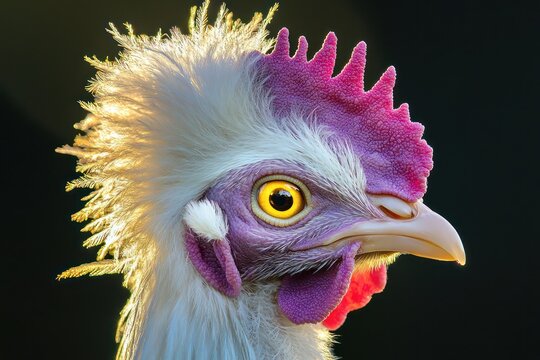 The head of a Crested Polish Chicken with an elegant mix of white and lavender feathers in its crest, bright yellow eyes, and an inquisitive expression, lit by early morning rays.