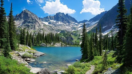 Obraz premium Beautiful mountain scenery with a clear blue lake and lush trees