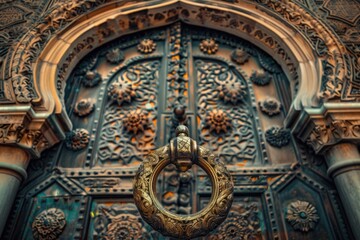 Islamic door knocker at Seville Cathedral entrance gate.