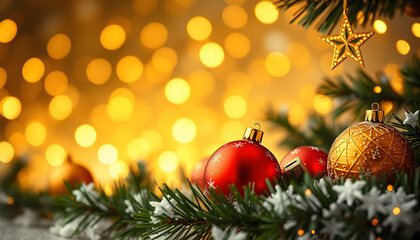 Obraz premium Christmas background with golden star. New Year's decor. Christmas balls in smowdrifts and golden bokeh lights isolated with white highlights, png