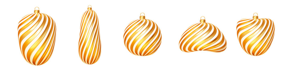 3d set golden Christmas balls with a spiral striped white pattern. Stock vector New Year element on isolated background.