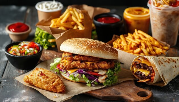 A Variety Of Fast Food Items Available On The All Fast Foods Menu: Sandwich, Chicken Broast, Samosas, Pizza, Chicken Burger, And More.