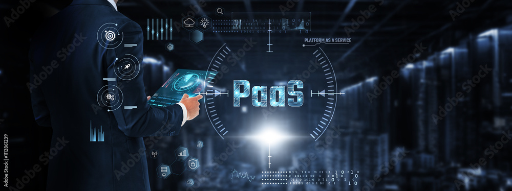 Aufkleber paas (platform as a service): businessman control and monitoring paas technology system on digital s