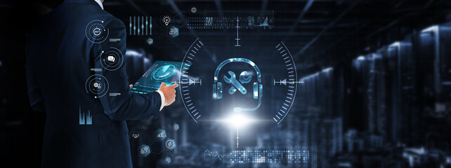 Technical support: Businessman control and monitoring technical support system on a digital screen....