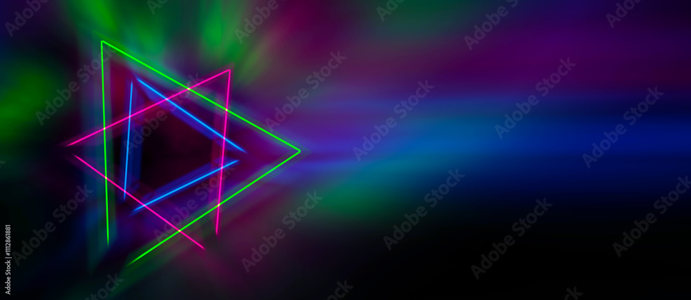 Poster dark abstract background with neon lines and shapes.