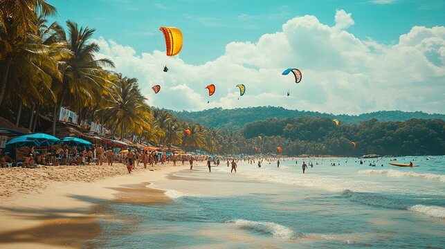 A vibrant scene of beachgoers enjoying water activities at Palolem Beach, with parasails and surfboards adding color to the turquoise waters.