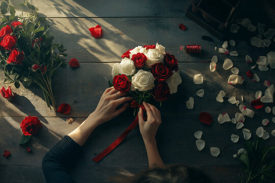 Ein floristischer Arbeitsplatz mit Rosenstr&auml;u&szlig;en in Rot und Wei&szlig; auf rustikalem Holztisch. H&auml;nde binden mit rotem Band einen eleganten Blumenstrau&szlig;, verstreute Bl&uuml;tenbl&auml;tter, romantische Stimmung 