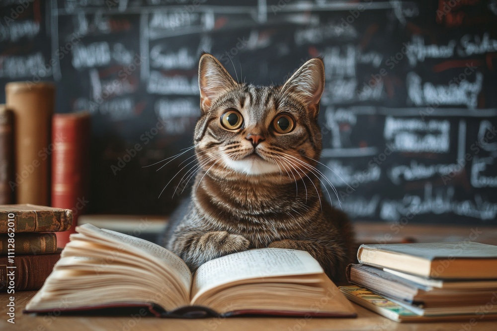 Aufkleber cat sitting with large open book in front of a chalkboard filled with writings and equations