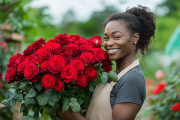 Lächelnde Floristin mit natürlicher Schönheit hält einen großen Strauß roter Rosen in einem blühenden Garten. Die Szene strahlt Fröhlichkeit, Leidenschaft für Blumen und sommerliches Ambiente aus