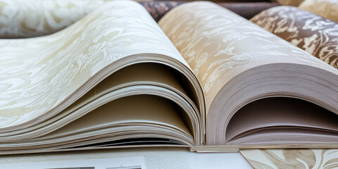 Open magazine catalog with samples of designer wallpaper. Wallcovering selection, different wallpaper pieces