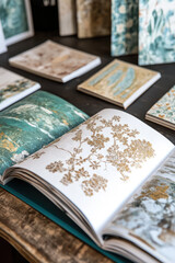 Open magazine catalog with samples of designer wallpaper. Wallcovering selection, different wallpaper pieces