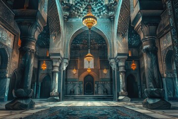 Islamic mosque interior with Ramadan greeting card.