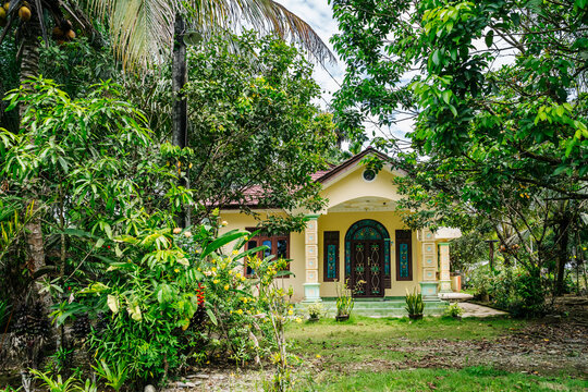 A small yellow house with a red roof is surrounded by lush greenery