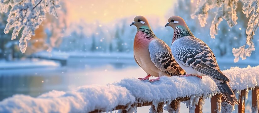 A vibrant depiction of two turtle doves perched on a snow-covered fence, their feathers soft and inviting against a backdrop of a tranquil winter scene.