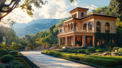 Obraz premium A luxurious villa surrounded by lush greenery and mountains.