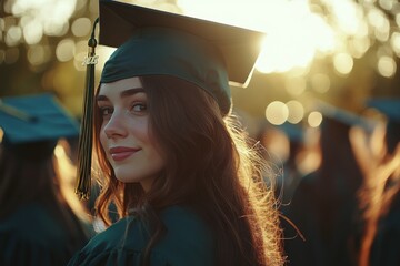 Celebrating graduation day with a proud student in a blue cap and gown at sunset