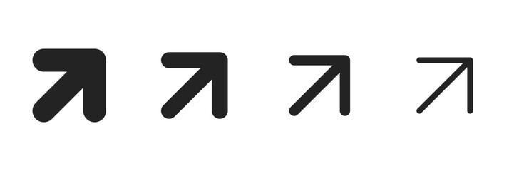 Arrow pointing on a right up corner black isolated illustration set for UI. Vector icons in flat style