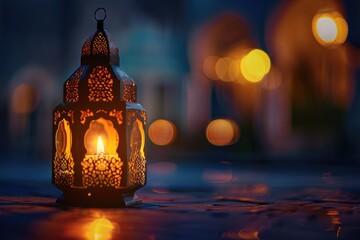 Arabic lantern glowing in mosque for Ramadan celebration.