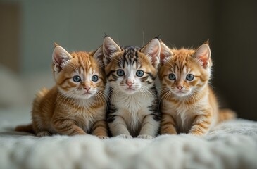 A group of three adorable kittens with wide-open blue eyes, sitting close to each other on a blanket.. The concept of happy adorable pet cats