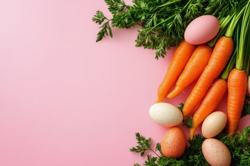 Colorful arrangement of carrots and eggs on a pink background for spring celebrations