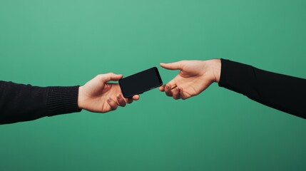 Two hands exchanging a sleek black smartphone against a clean green background, symbolizing communication, connection, and technology in a minimalist and contemporary style.
