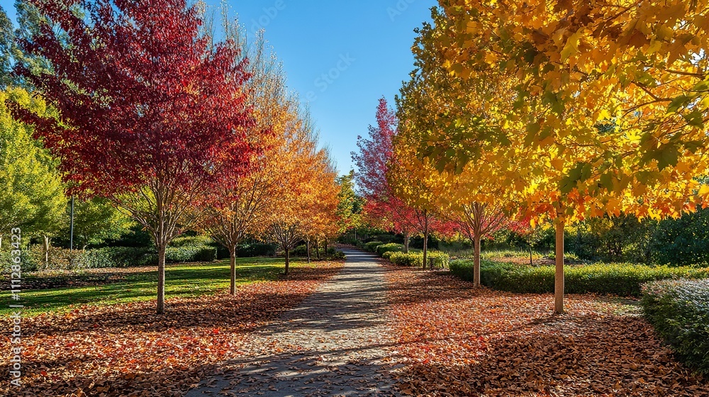 Poster a vibrant autumn landscape with colorful trees lining a path and a carpet of fallen leaves underfoot
