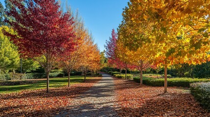A vibrant autumn landscape with colorful trees lining a path and a carpet of fallen leaves underfoot.