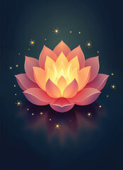 vector of a pink lotus flower with glowing gold stars and religious symbols on a dark background