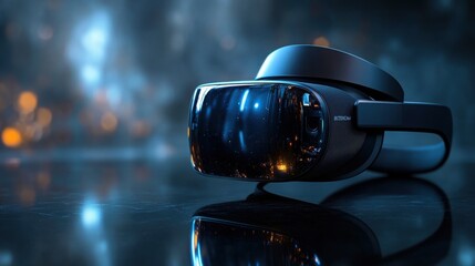 Sleek Black VR Headset on Glass Table: Immersive Virtual Reality Experience