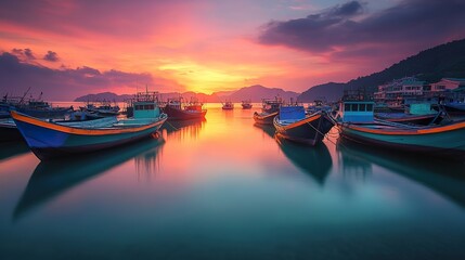 Fototapeta premium A tranquil fishing village at dusk, with colorful boats docked and a calm sea reflecting the warm sunset colors.