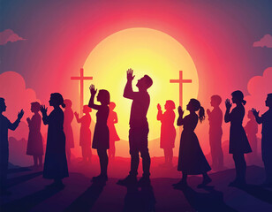 a vector silhouettes of people praying in front of a crosses in various poses at sunset background