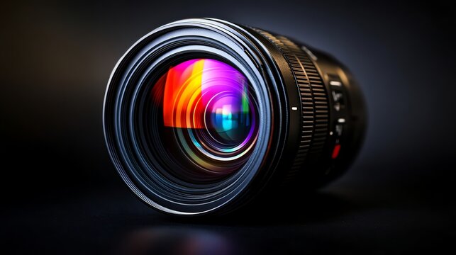 Close-up of a camera lens with rainbow reflections.