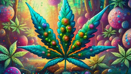 oil painting style cartoon illustration a green leaf cannabis