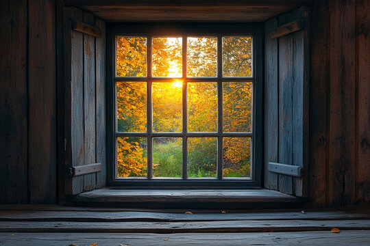 Autumn Sunset Viewed Through Rustic Wooden Window