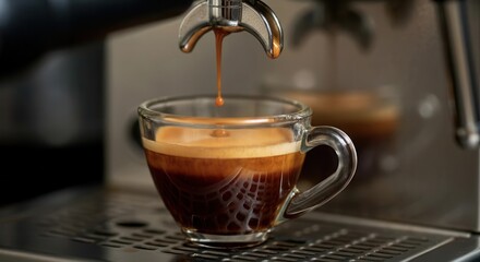 Fresh espresso dripping clear glass cup machine