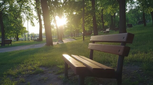 Empty park bench bathed in sunlight, early morning. - Powered by Adobe