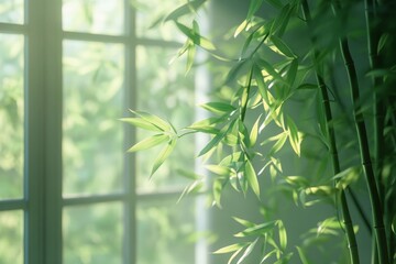 Naklejka premium Sunlight filtering through bamboo leaves beside a window in a serene indoor setting