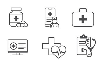 Healthcare icon set. Medical assistance, doctor and medication symbols. Isolated vector images in simple style