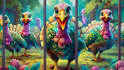 oil painting style cartoon character illustration turkeys walk around the paddock, view from behind bars 