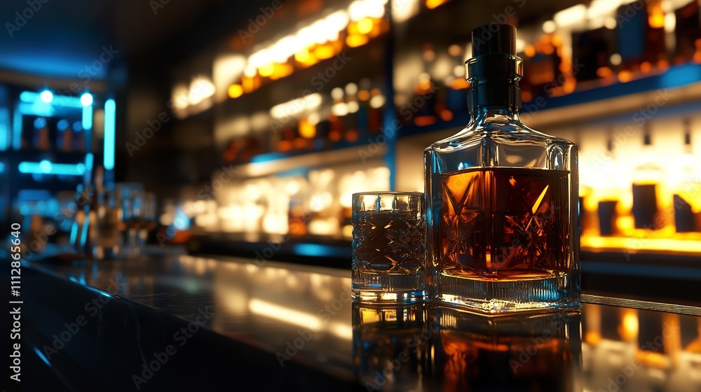 Poster a sophisticated bar setting with soft lighting, showcasing a collection of whiskey bottles on displa