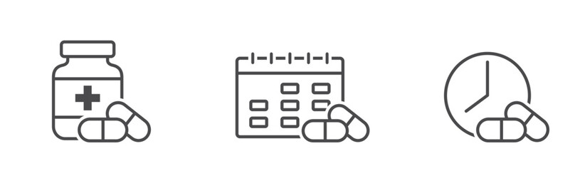 Medication time line icon set. Pill schedule reminder. Health care isolated vector images in simple style