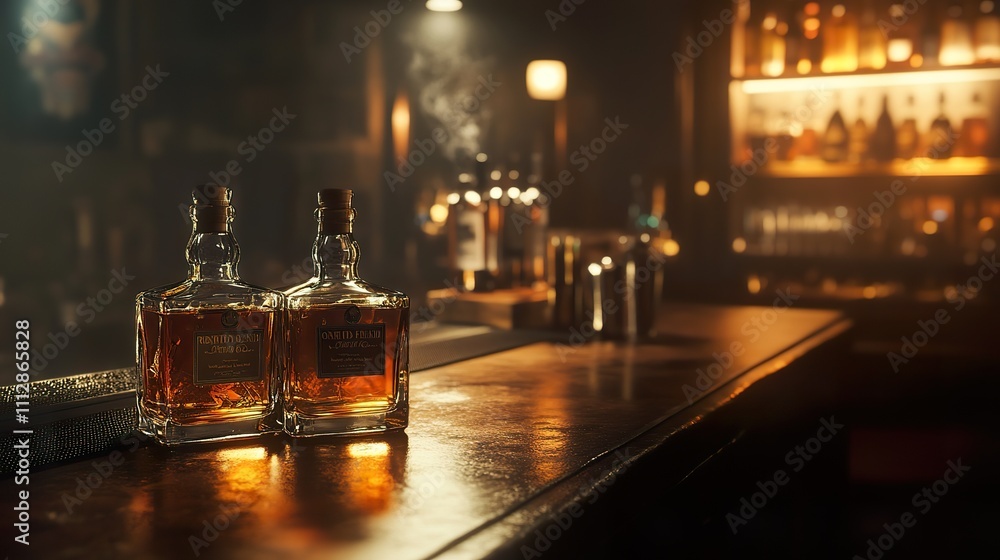 Poster a sophisticated bar setting with soft lighting, showcasing a collection of whiskey bottles on displa