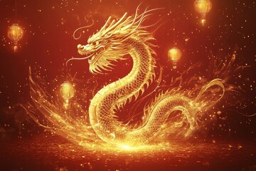 A majestic golden dragon amidst a festive backdrop of lanterns and sparkles.