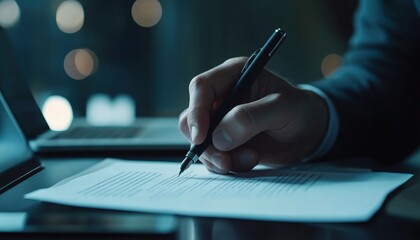 Close Up Of Businessman'S Hand Signing Contract And Using Mobile Phone And Laptop In Modern Office Setting. Busy Multitasking Day.