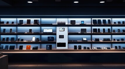 A sleek electronic store featuring the latest gadgets displayed on minimalist shelves, emphasizing modern technology,
