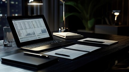 A sleek arrangement of financial spreadsheets, a laptop, and a stylish pen on a dark wooden desk.