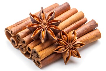 Set cinnamon sticks and star anise seeds isolated on white background, top view