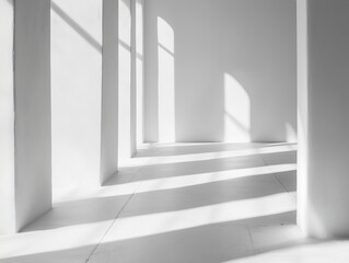 Obraz premium A serene white background with smooth curves and soft shadows, showcasing minimalist elegance and backlit natural lighting for modern designs.
