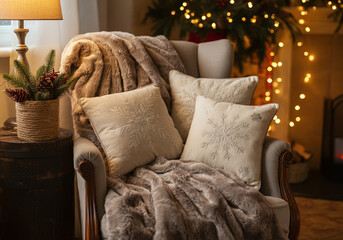 Preparing a cozy guest room for the winter holidays with warm blankets, holiday-themed pillows, and welcoming decor, emphasizing the hospitality concept.